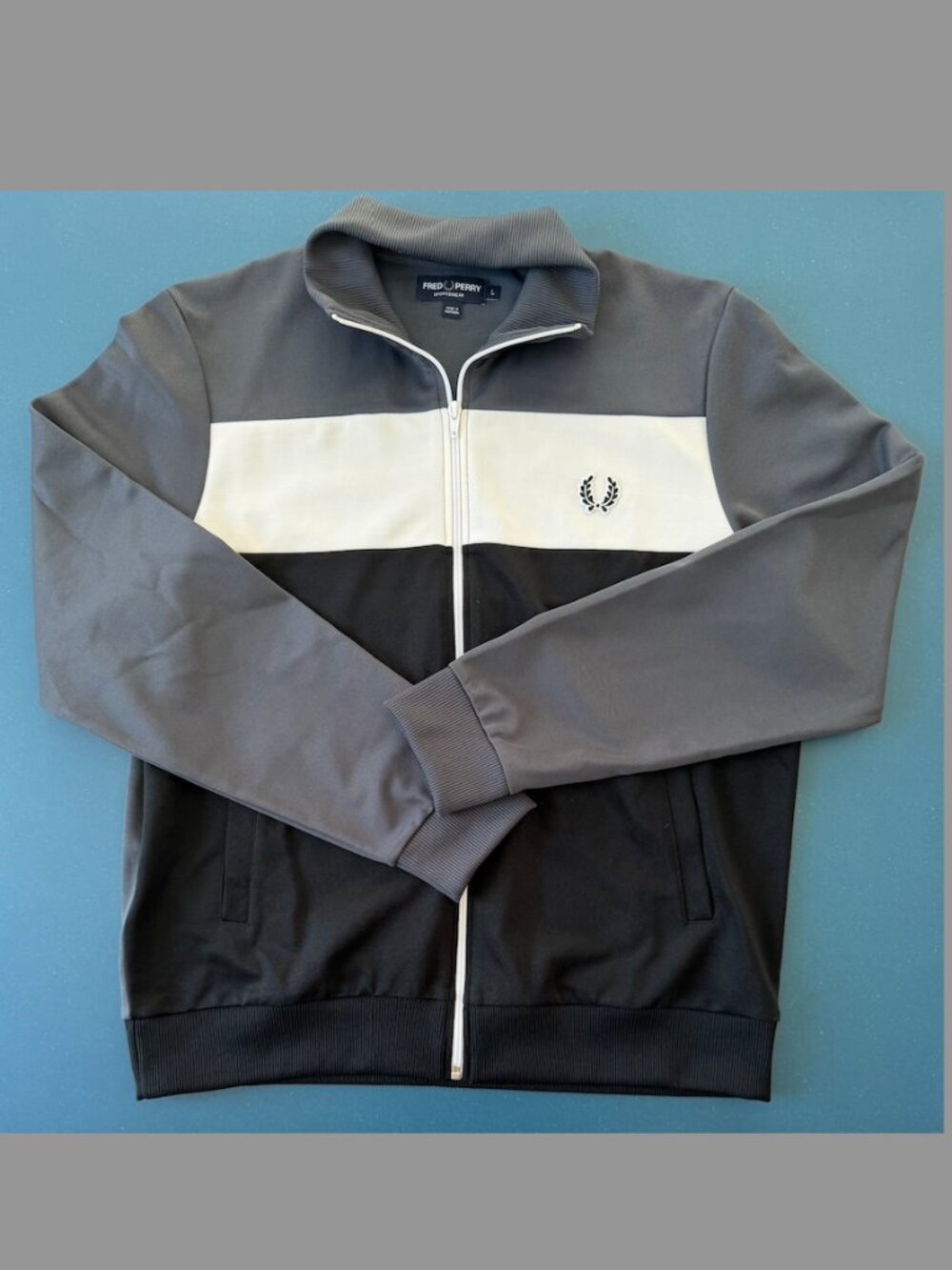 Grey, White, and Black Fred Perry Crew Neck Zip-Up | Large